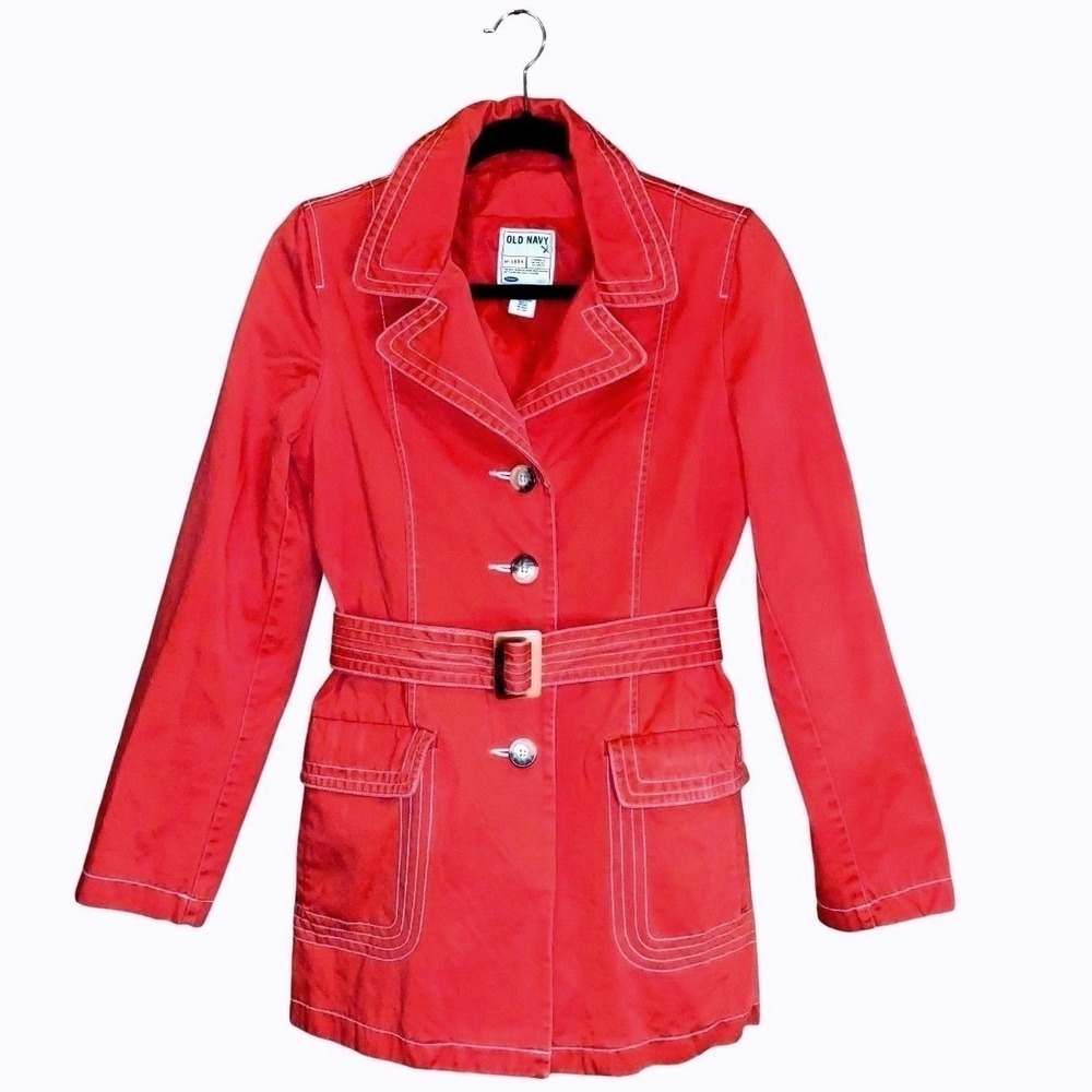Vtg Y2K Womens PeaCoat 100% Cotton Red‎ Tortoise Buttons White Stitching Sz M